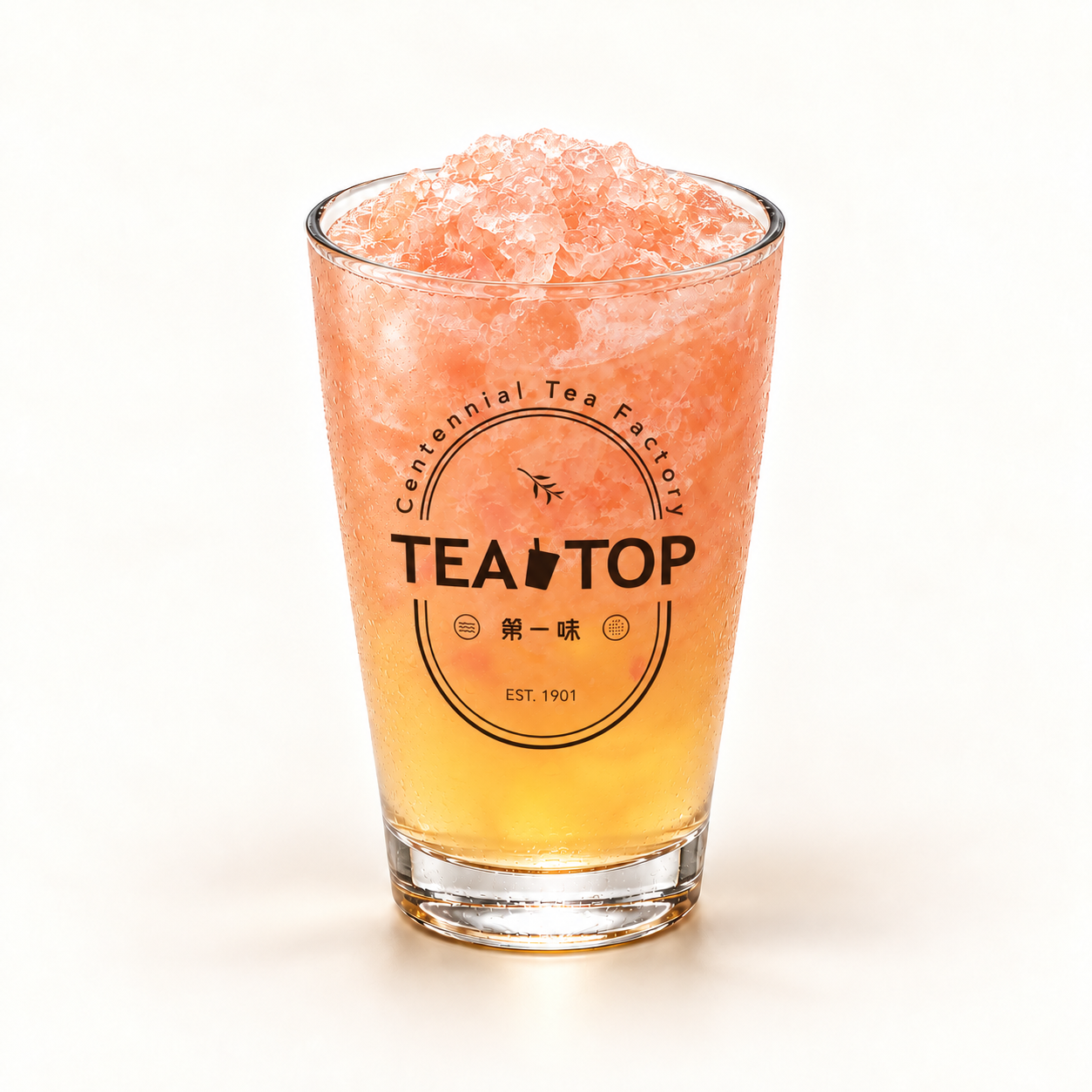 Grapefruit Green Tea in a TEA TOP branded glass — AI-retouched presentation.