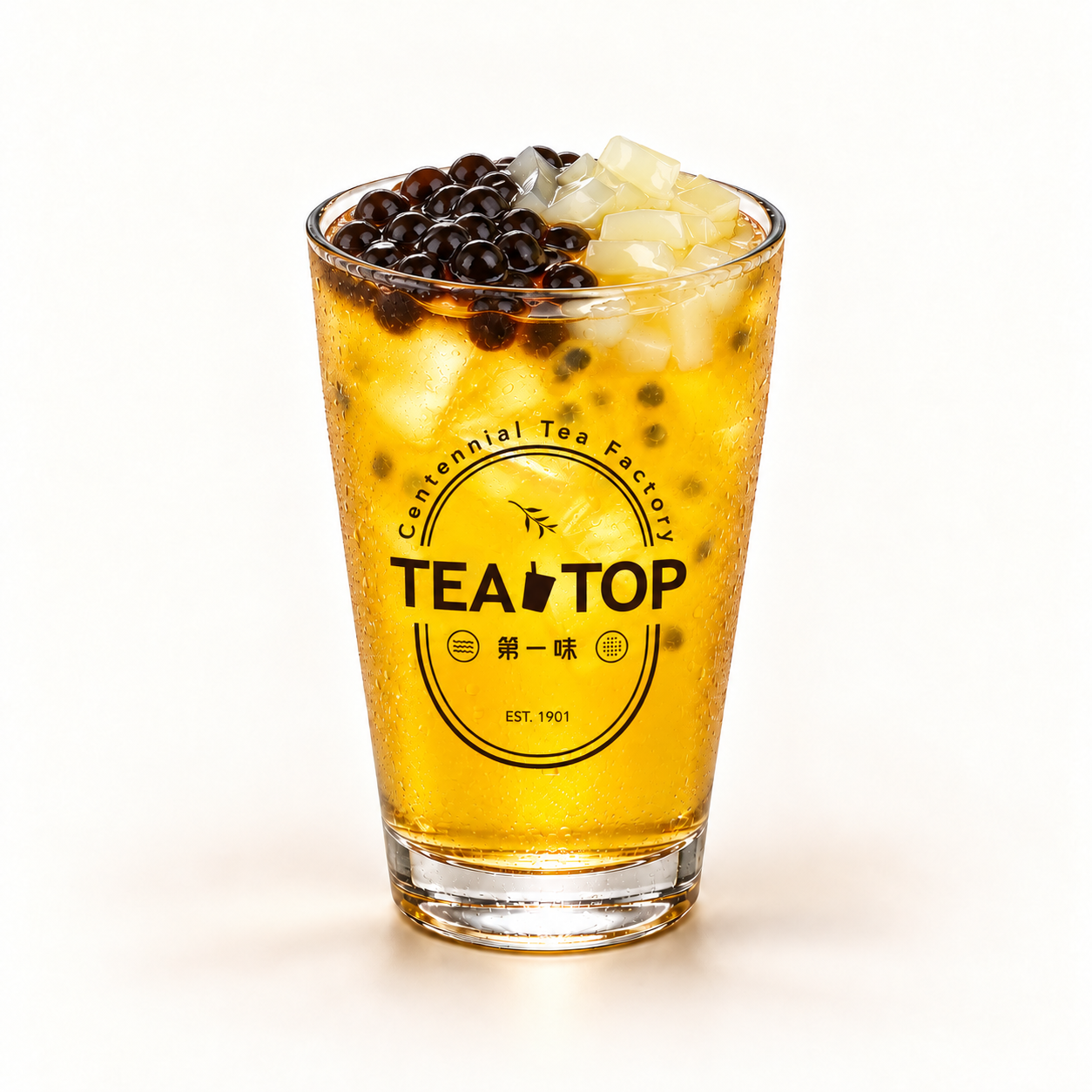 Passion Green Tea Medley in a TEA TOP branded glass — AI-retouched presentation.