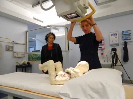  Radiographer Caroline Ezzy and Fiona Fell, preparing for an x-ray procedure. 2012. 