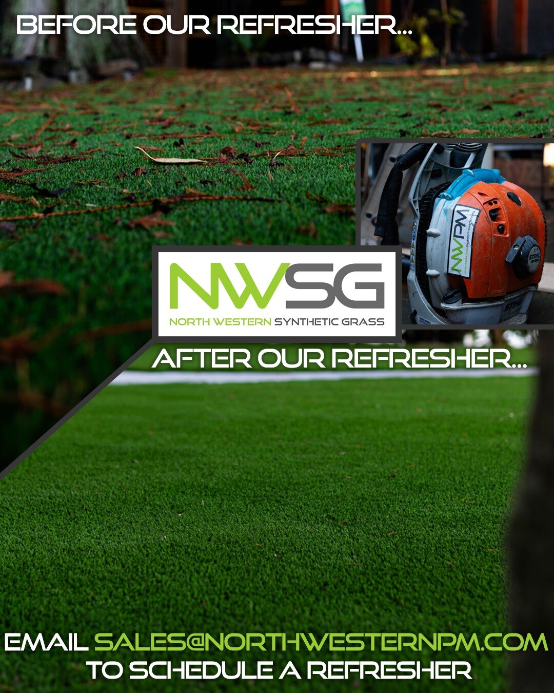 Do you have Synthetic Grass? 
If so, schedule a refresher program and we'll clean the yard up! 

Email sales@northwesternpm.com for more details

 #nwpm #landscaping #nwsg #syntheticgrass #refresher