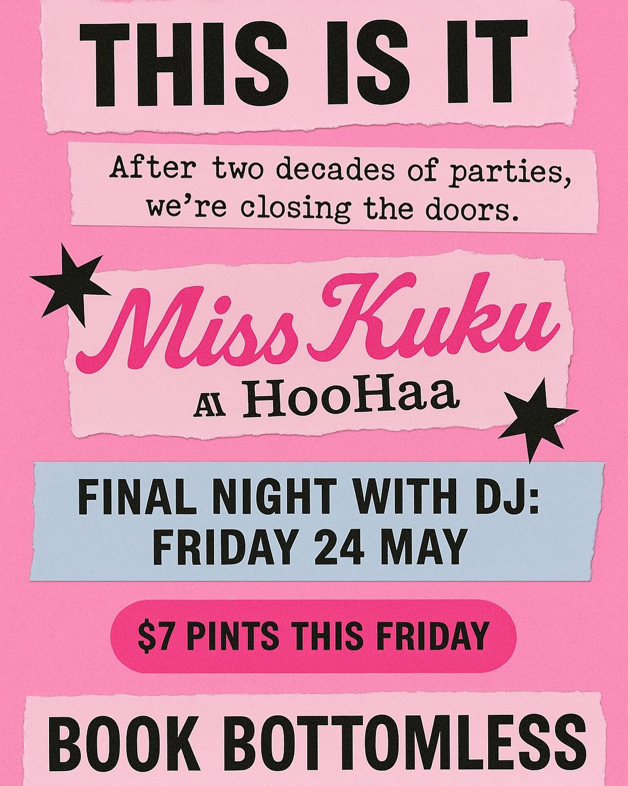 The Last Dance 💃

This is it. After two decades of parties, we&rsquo;re closing the doors.
Final night with DJ: Friday 23rd May
$7 pints this Friday
Book Bottomless one last time 🍾
#FarewellMissKuku #HooHaaChapel #LastBoogie