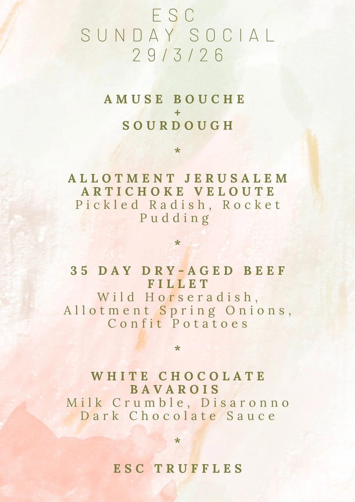 4 seats left for Supper Clubs in March all on the 28th. 
29th is our Sunday Social Special Menu below - &pound;49pp 
April dates are now available on the website