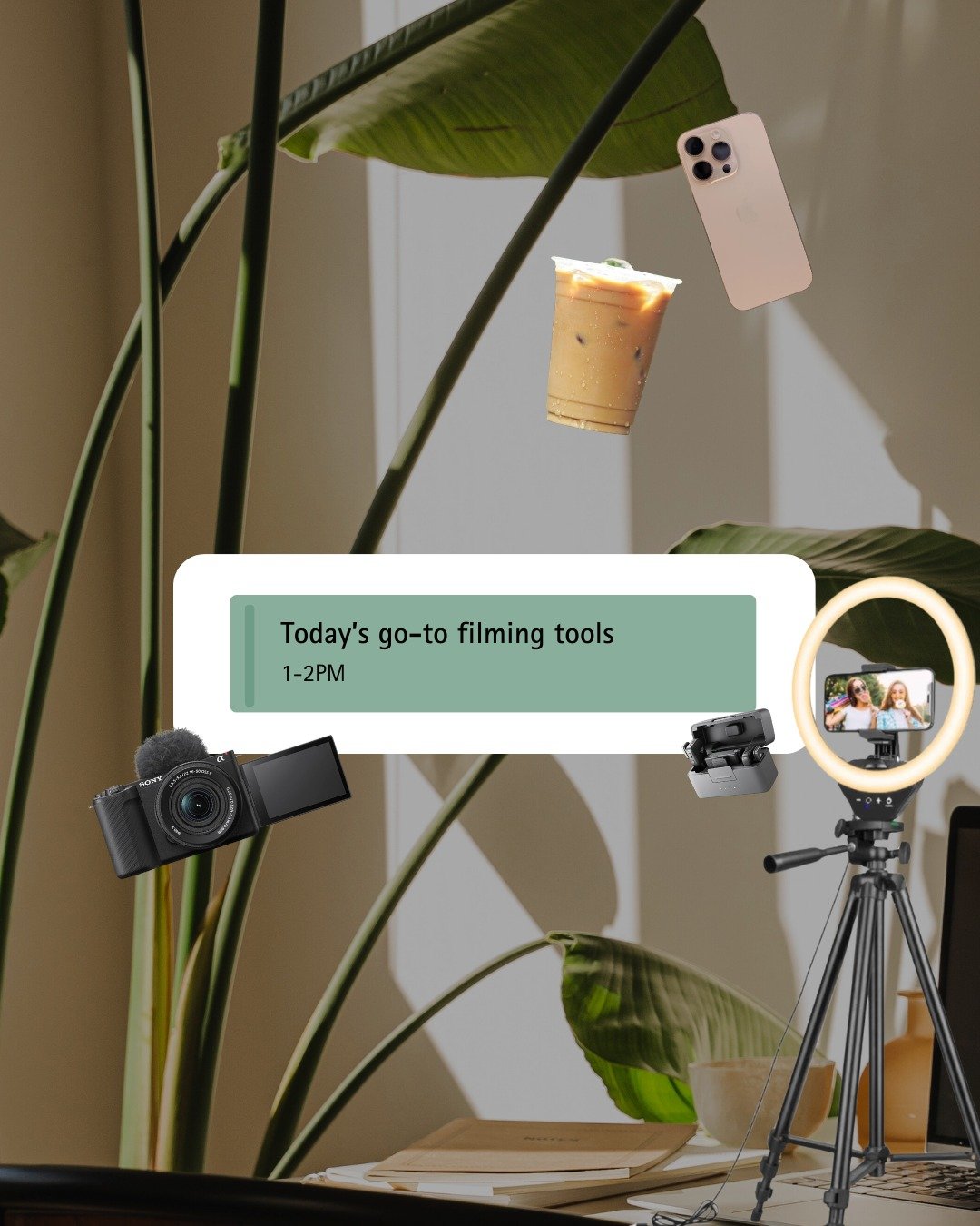 The holy trinity of content creation: iPhone. Ring light. Microphone.

You don't need a studio to make good content. You just need the right tools, the right energy, and the right strategy.
(And honestly, coffee helps too.)