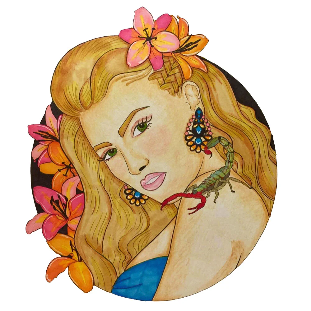 Colouring page is the Scorpio Girl , available as part of the Faces of the Zodiac adult colouring book.