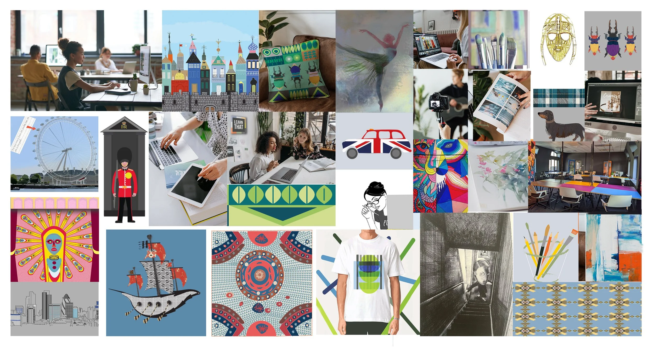 A collage of various images including people working on computers, a cityscape illustration, a patterned pillow, a ballerina, a person using a laptop, brushes, insect illustrations, a Ferris wheel, a toy soldier, a woman holding a tablet, colorful ab