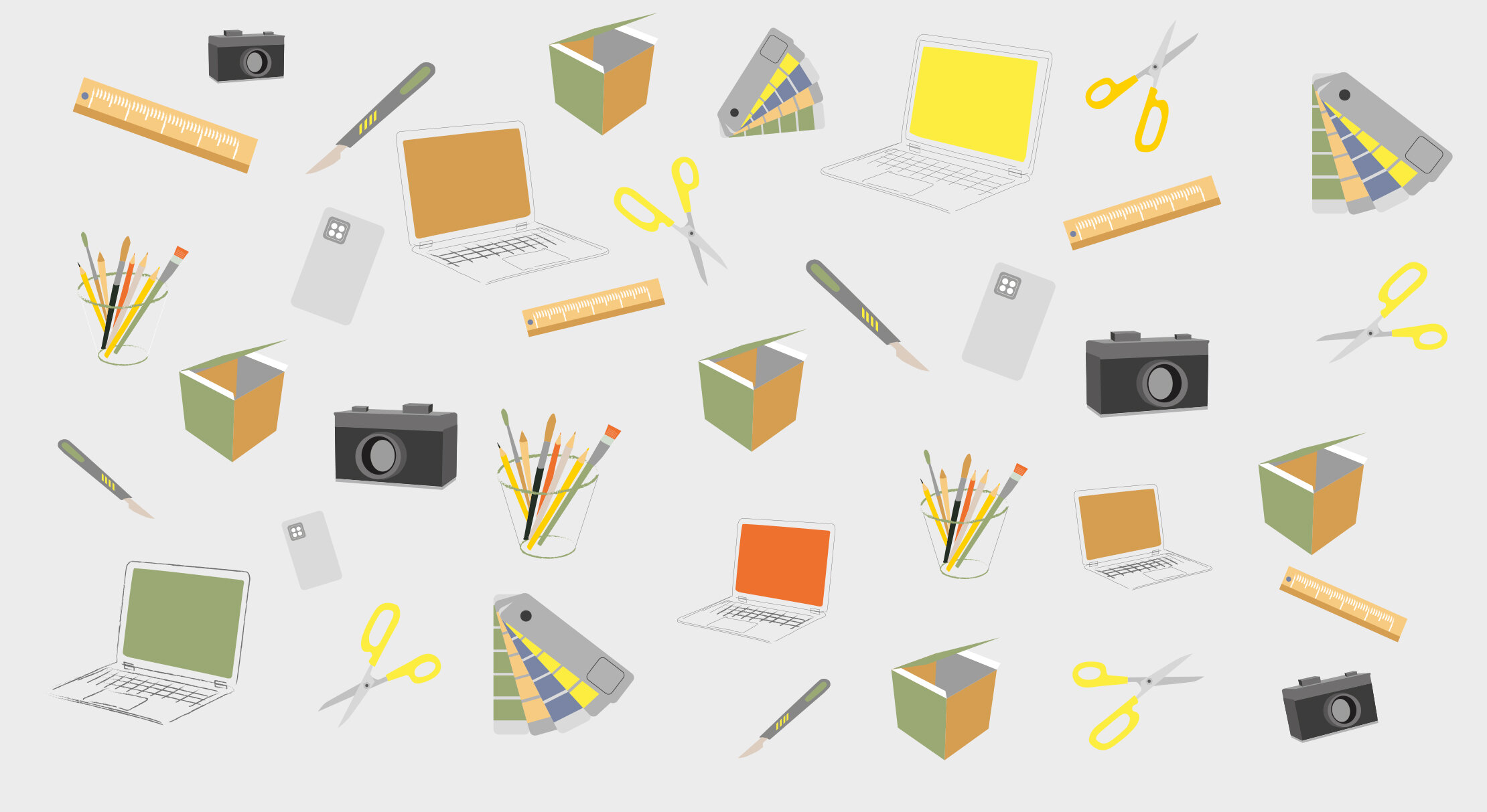 Pictures of laptop and a ruler and swatch book of different colors.