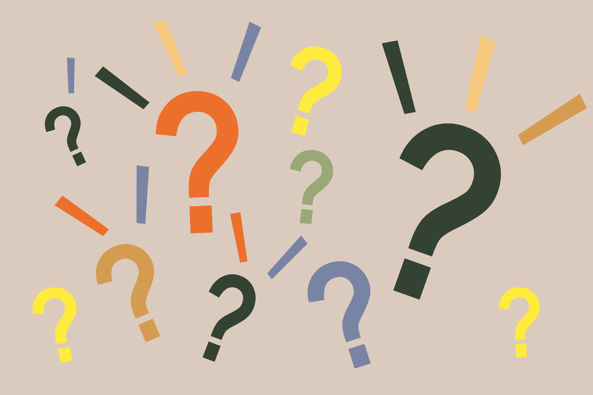 Multiple multicolored question marks in various sizes on a beige background.