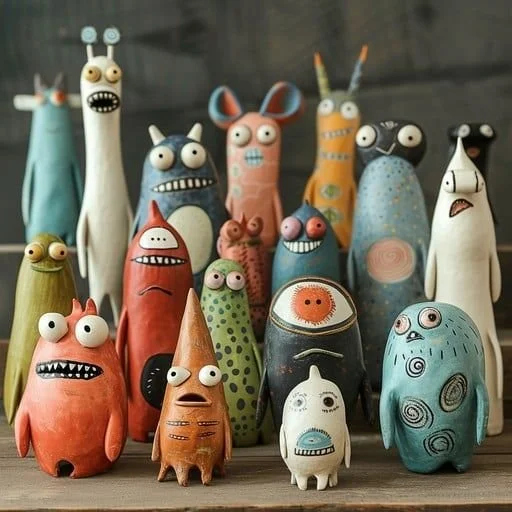 Collection of colorful, whimsical clay or ceramic creature figurines with various facial expressions and features, arranged on a wooden surface.