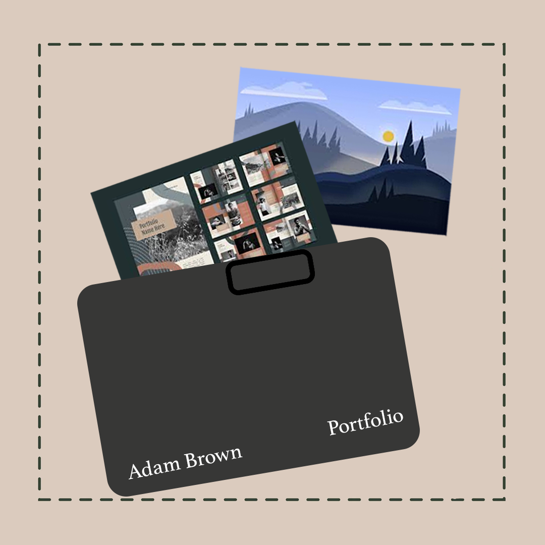 A black portfolio folder labeled 'Adam Brown Portfolio' contains a photo collage, with a landscape watercolor painting of mountains and trees in the background.