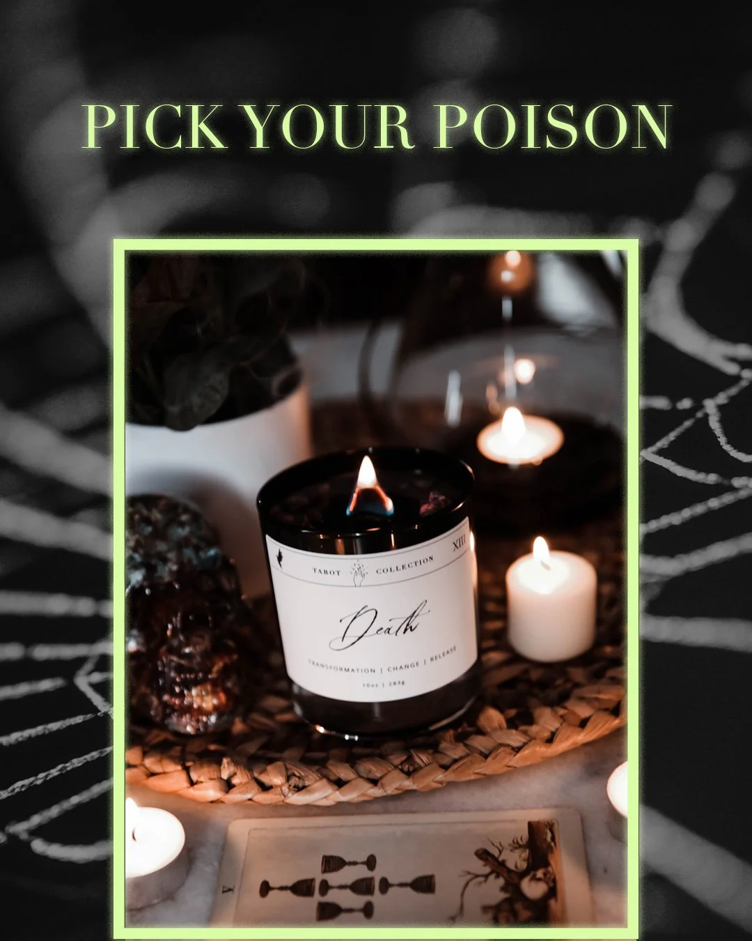 ✨ Pick Your Poison ✨

Which one are you feeling drawn to today, and what might that reveal about your current energy?

🕯️ Death (Black Currant &amp; Amber): You&rsquo;re ready to release, transform, and rise. A powerful rebirth is brewing.
🌿 Poison