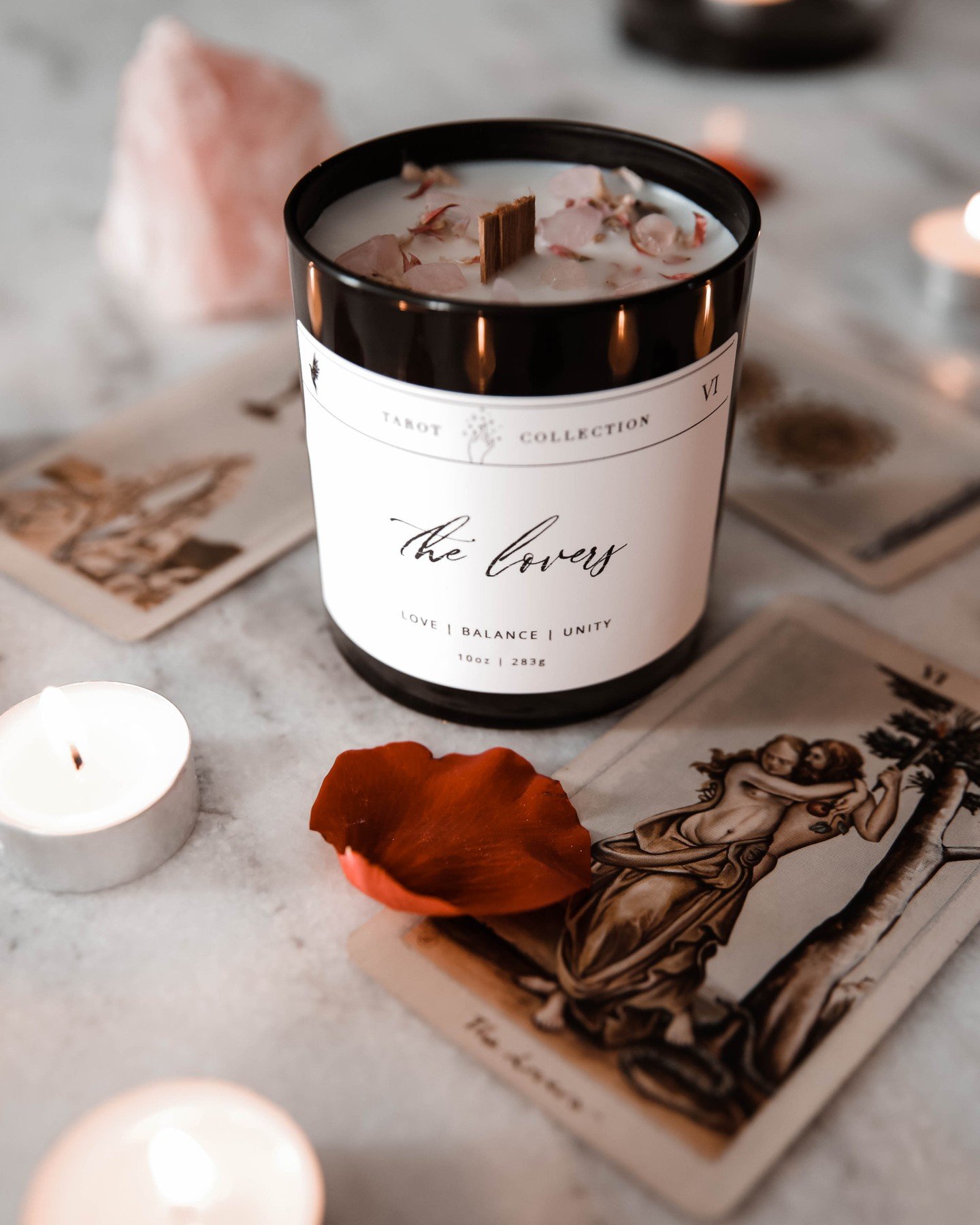 Love, connection, and intention in candle form.

Our Lovers Tarot Candle is crafted to support harmony, softness, and deeper connection. Rose and sandalwood create a warm, grounding blend that feels both romantic and comforting. Perfect for self-love