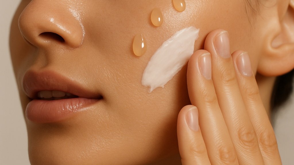 woman applying moisturizer and serum to her face