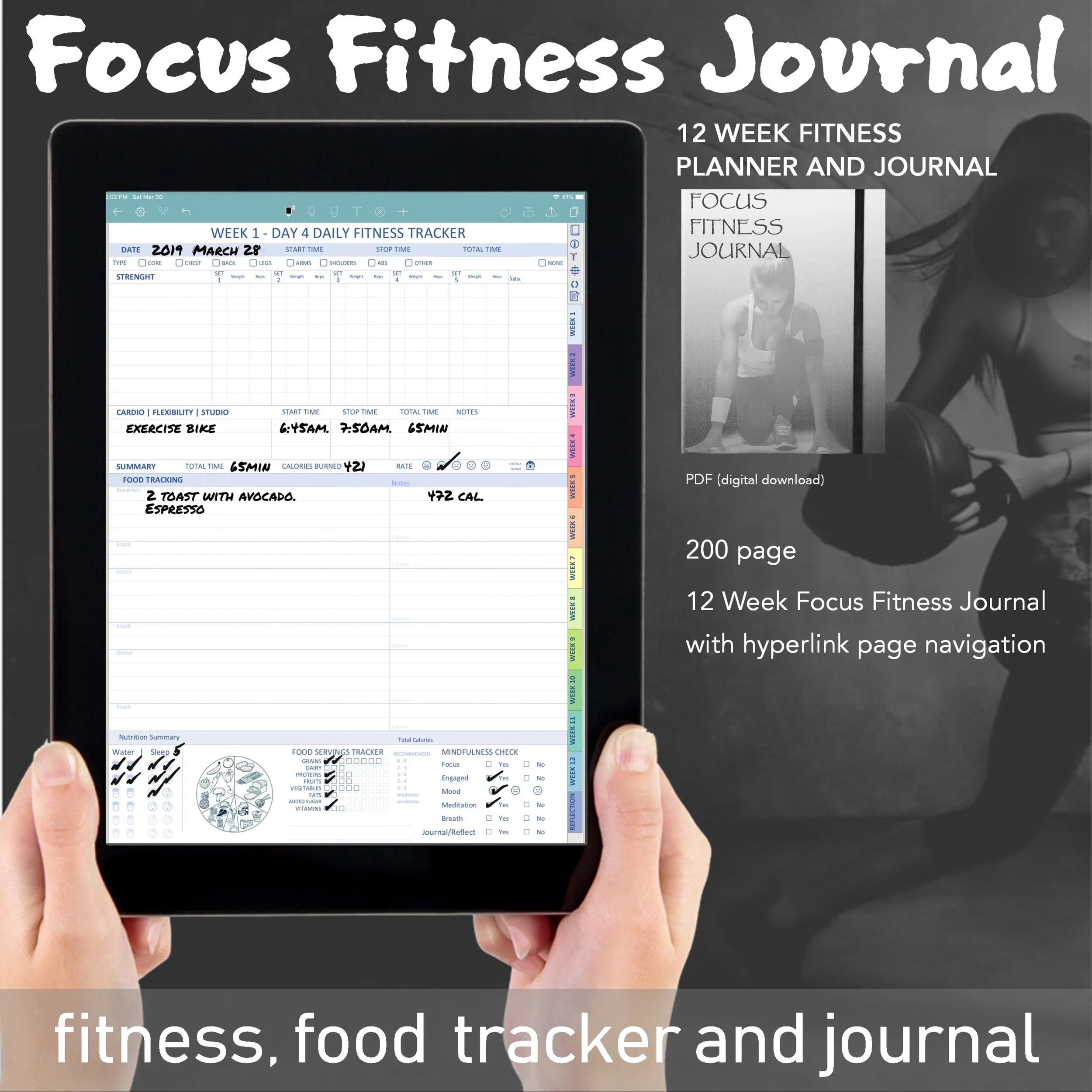 focus fitness journal 12 week daily fitness journal and planner digitalplanner247 daily fitness tracker