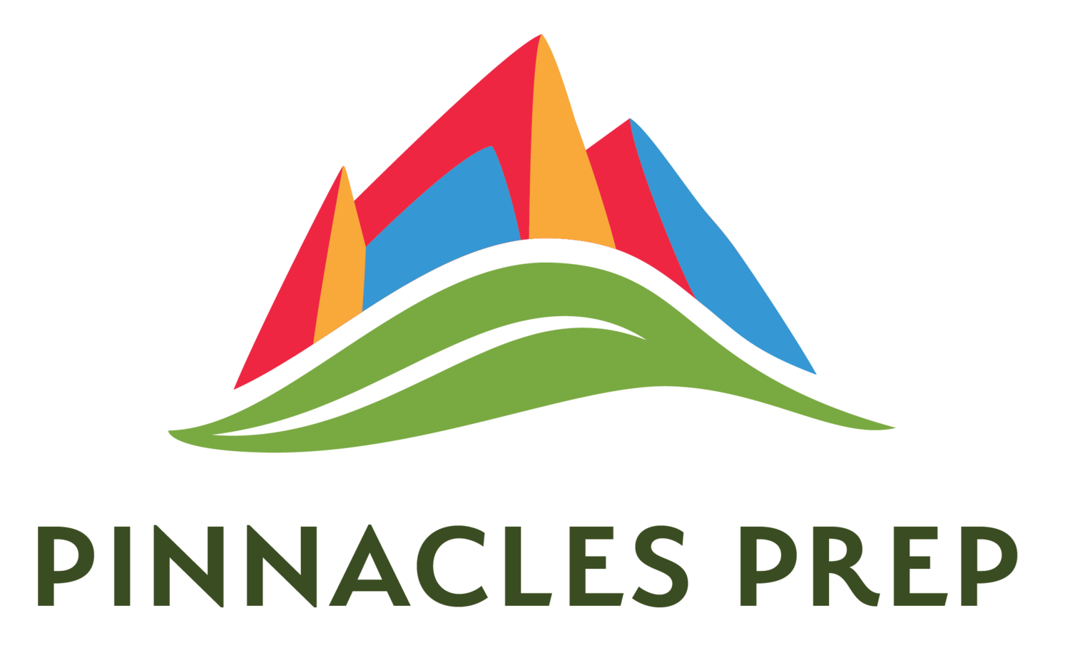 Pinnacles Prep Logo - Red, Orange, and Blue stylized mountain range above the words Pinnacles Prep in green letters.