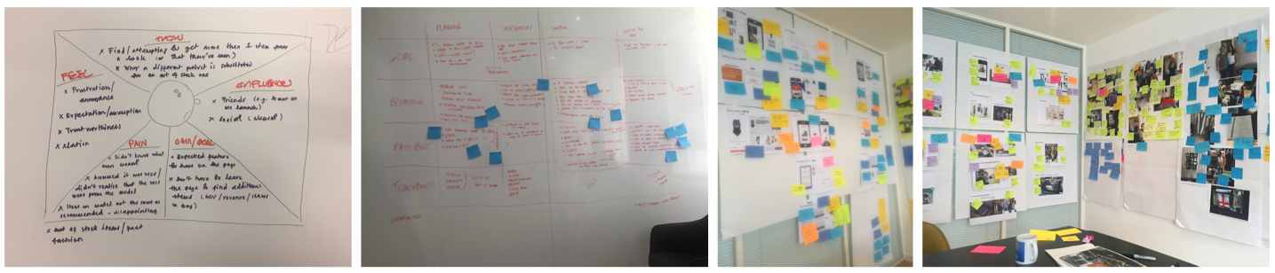 L-R: Empathy map and user journey mapping as part of a pioneering behavioural study piece with New Look customers