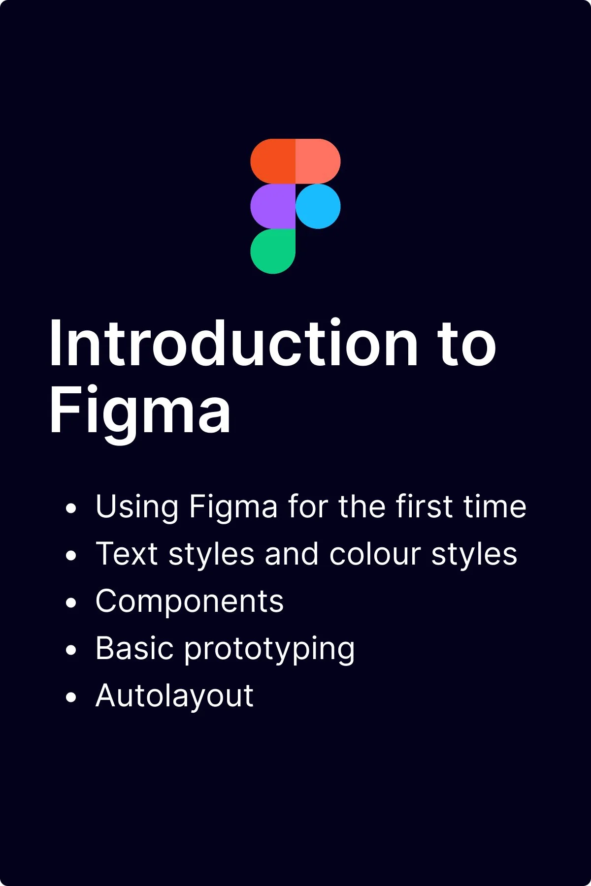 Introduction to Figma modules include using Figma for the first time, text and colour styles, components basic prototyping and autolayout.