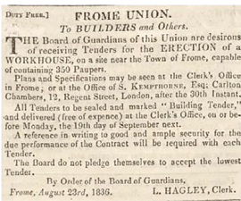 An 1836 Frome Union notice inviting tenders for the erection of a workhouse