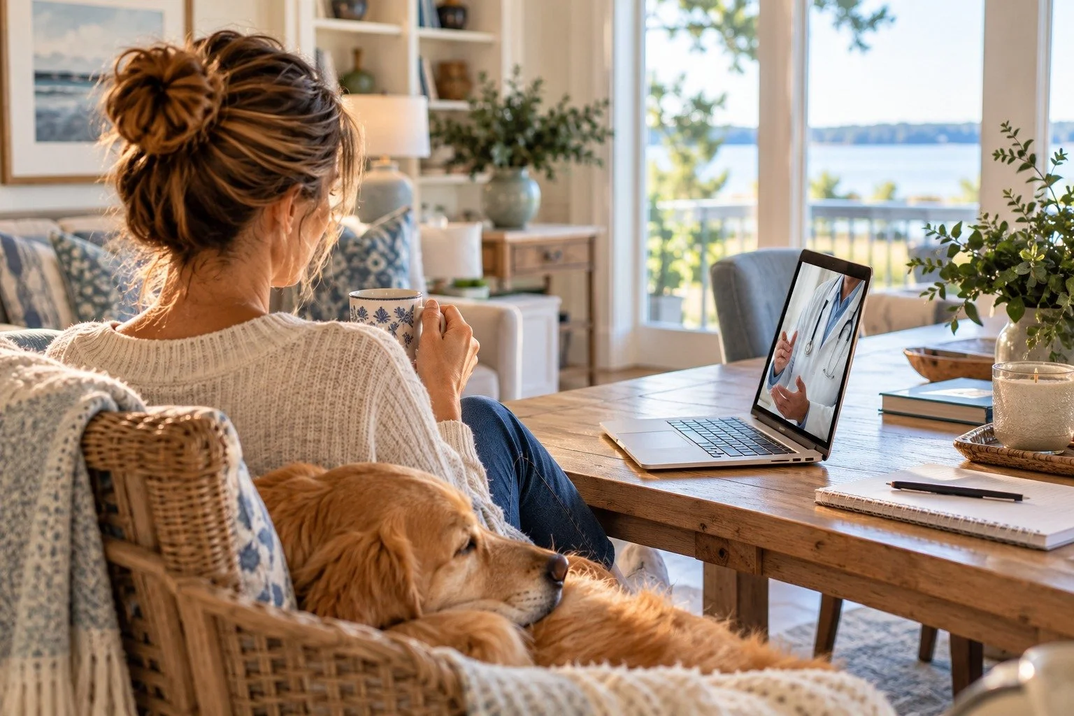 Patient receiving addiction treatment through a secure telehealth appointment at home