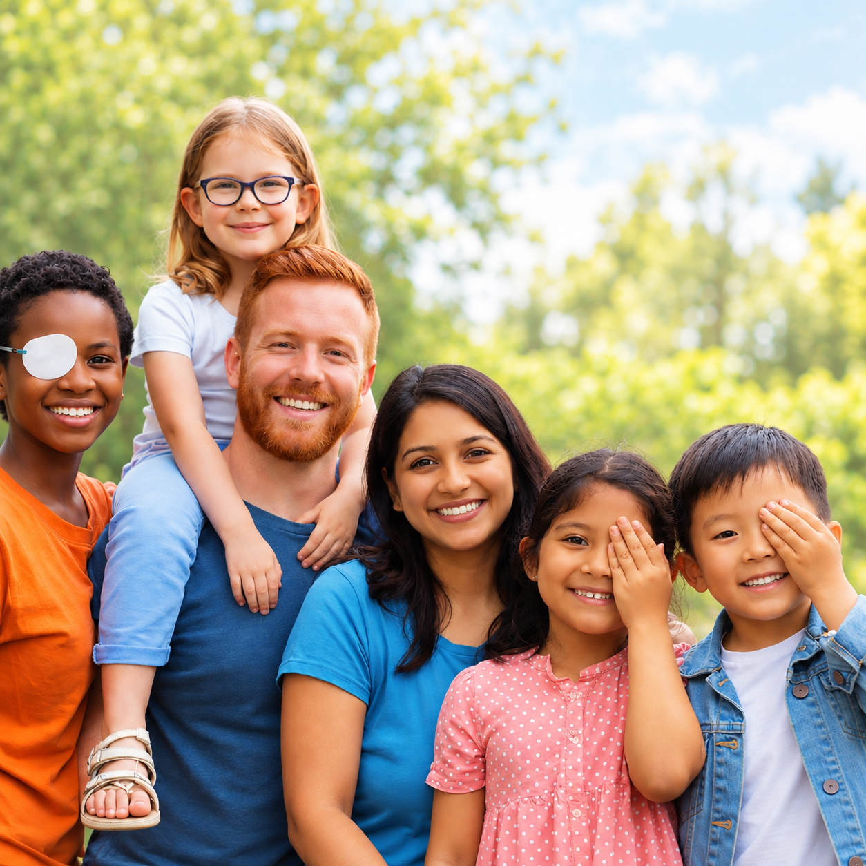 Family of six, one child wearing an eye patch, another child wearing glasses and two other kids covering one eye with their hand