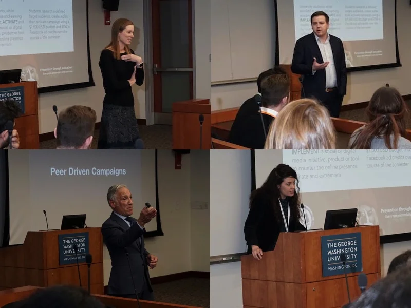 From top: Monika Bickert, Vice President for Global Policy Management and Counterterrorism, Facebook; Seamus Hughes, Deputy Director, Program on Extremism, George Washington University; Tony Sgro, Founder and CEO, EdVenture Partners; Paige Blair, Project Specialist, EdVenture Partners
