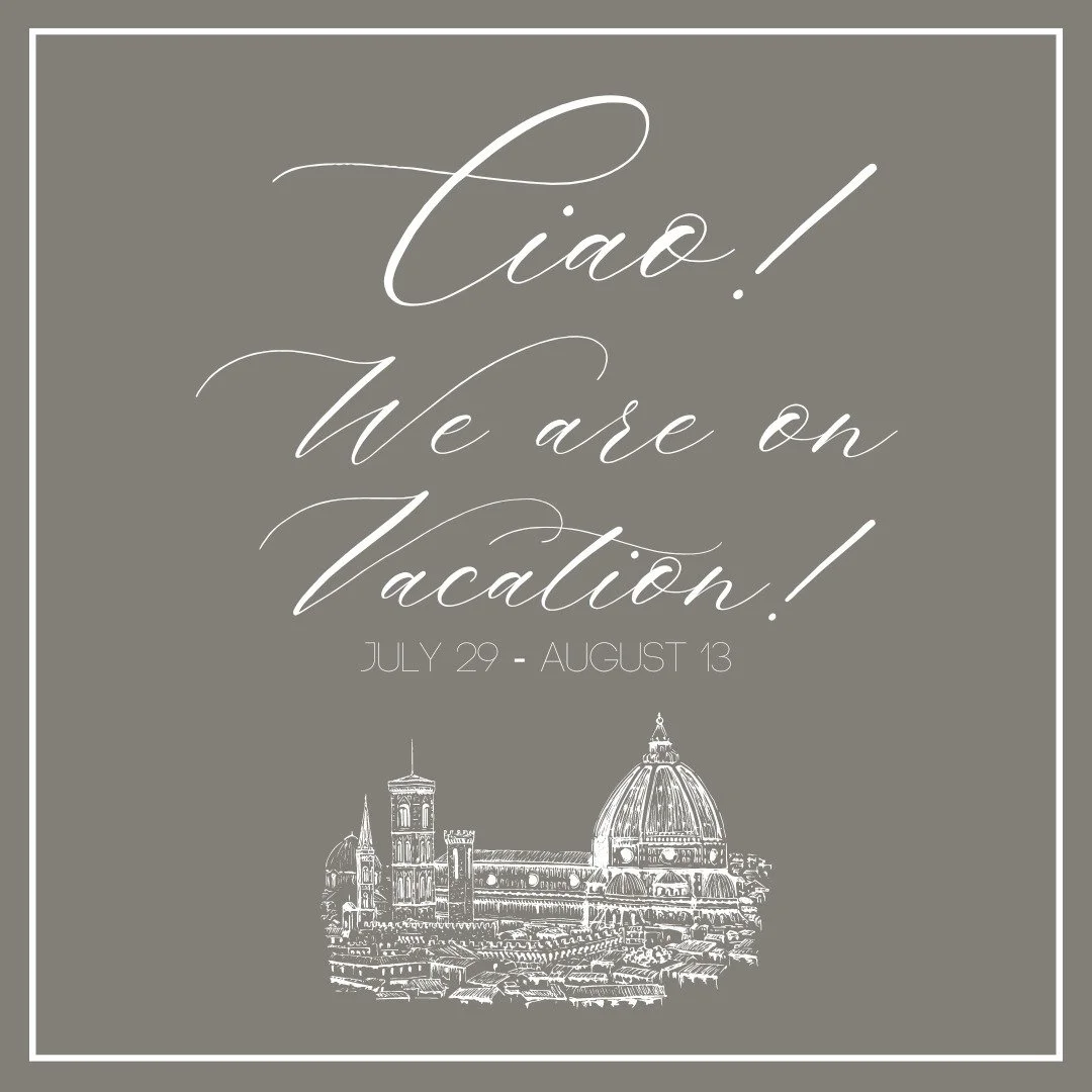 Ciao amico! 
We are off on our Family Vacation to Italy & Malta! This Family adventure has been in the works for years.. it is so so special that it is finally here!
All Samantha Ann & Co. businesses (Home, Weddings, Pondview Estates &