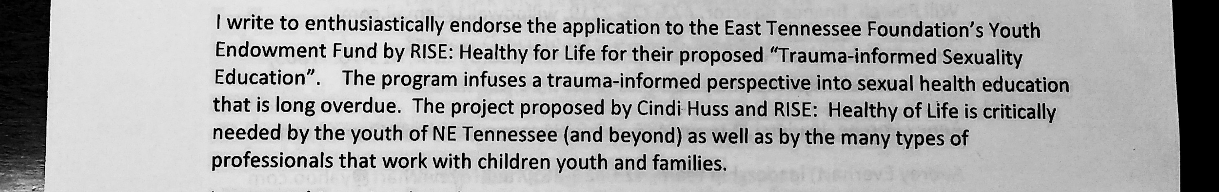 Part of letter of support from David Wood, MD, MPH; Professor, Department of Pediatrics, Quillen College of Medicine, East Tennessee State University