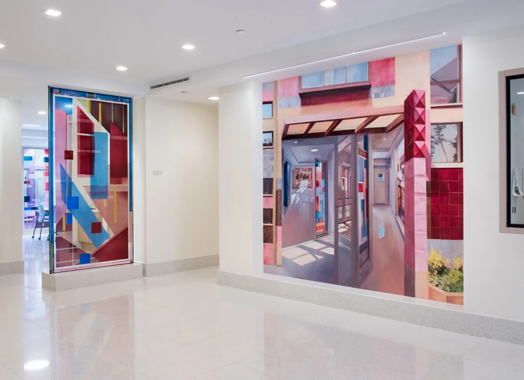 Installation View, Murals at The Delson supportive housing facility, Jamaica, Queens. Painting by Laini Nemett, Glasswork by Cora Jane Glasser Photo © Marianne Barcellonna