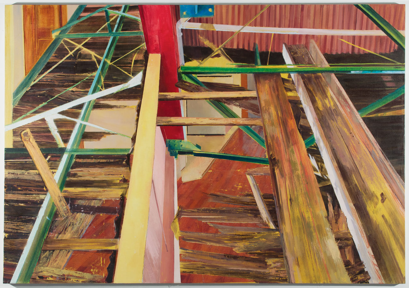   Streetcar Rafters on Newel , 2013 Oil, acrylic, &amp; gesso transfer on linen, 50 x 70 in 