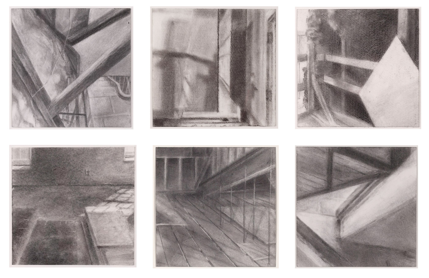   Feigenbaum Building Studies,  2016 graphite powder on paper, 4 x 4 in each 