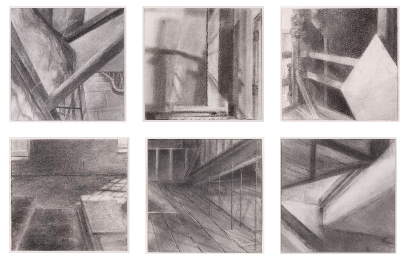 Feigenbaum Building Studies, 2016 graphite powder on paper, 4 x 4 in each