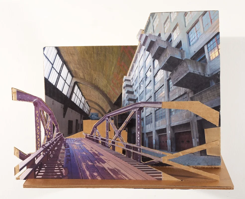Tracks Model , 2014 collage & oil on cardboard, 16 x 15 ½ x 10 in