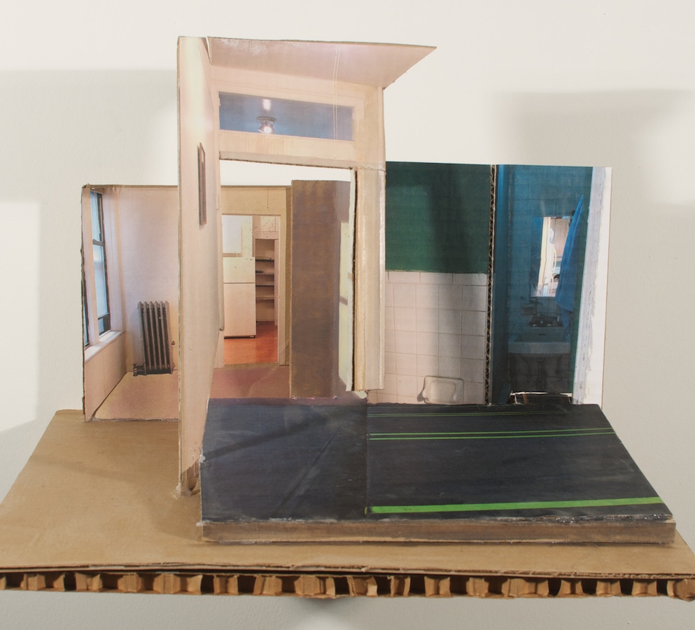   Back Inside, Model , 2013 oil &amp; collage on cardboard 14 ¾ x 15 ¾ x 12 in 