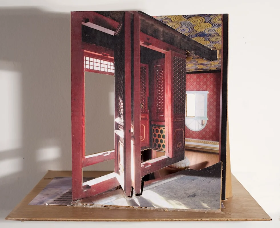 Before the Cattle Guard , 2014 collage on cardboard, 11½ x 12 x 10 in
