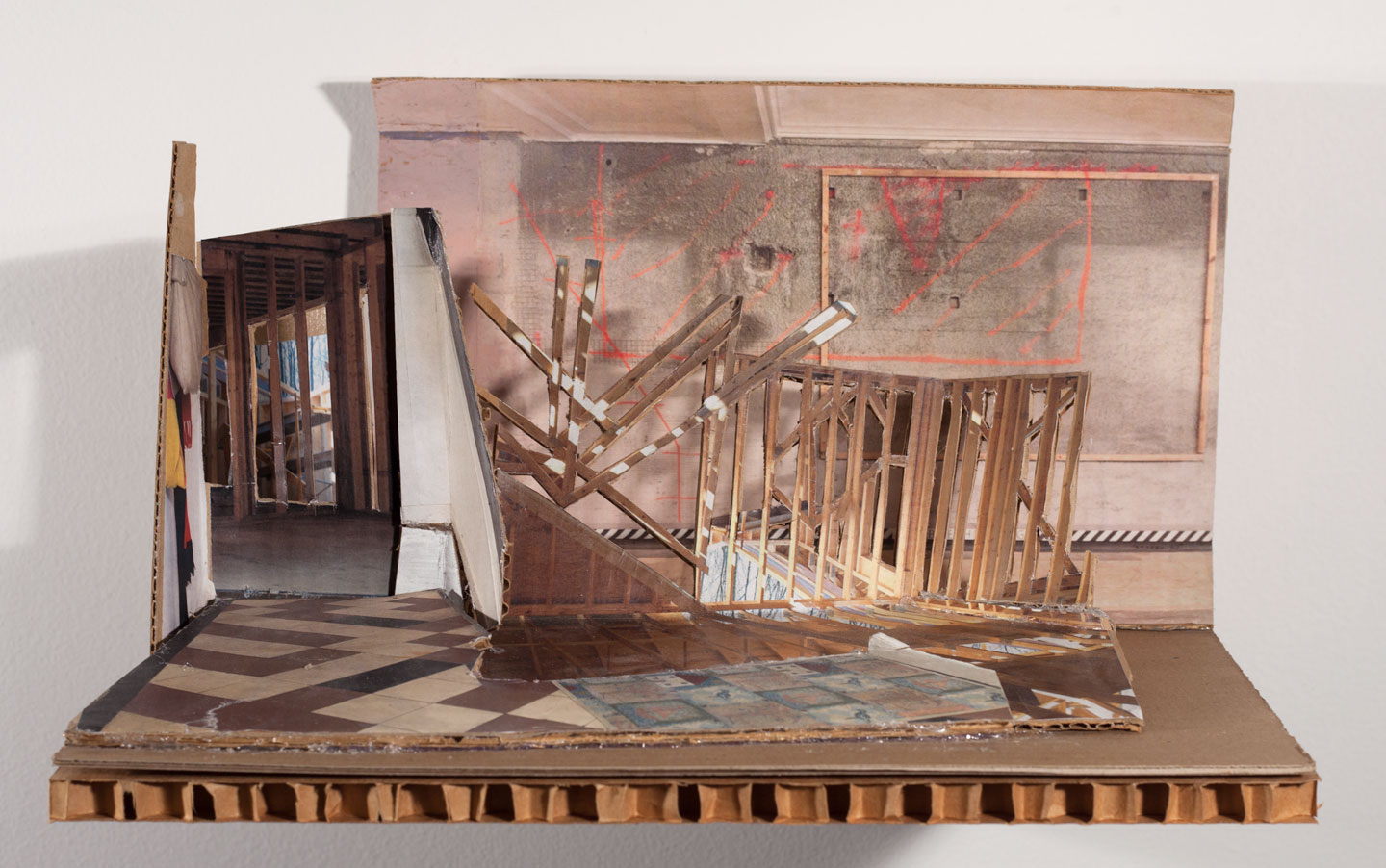 Léhon to Kottbusser Tor , 2015 oil & collage on cardboard, 12 ¾ x 14 x 9 in