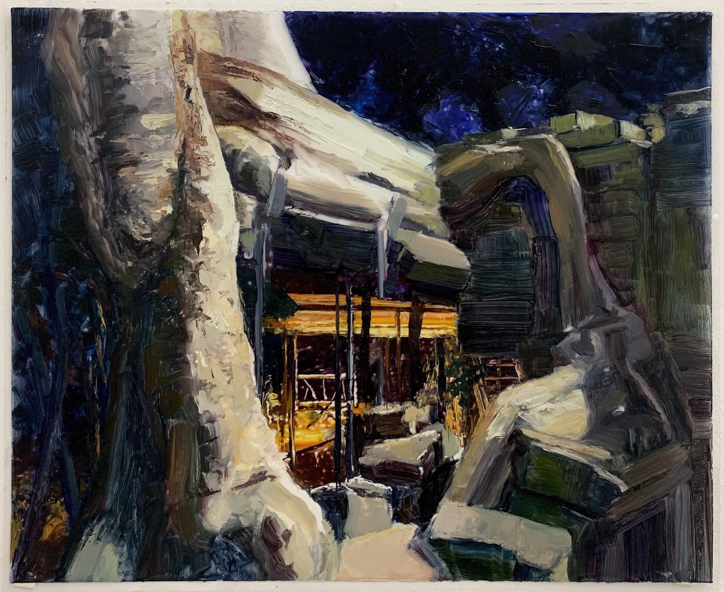   Night Treehouse,  2019 Oil on dura-lar, 12 x 14 in 