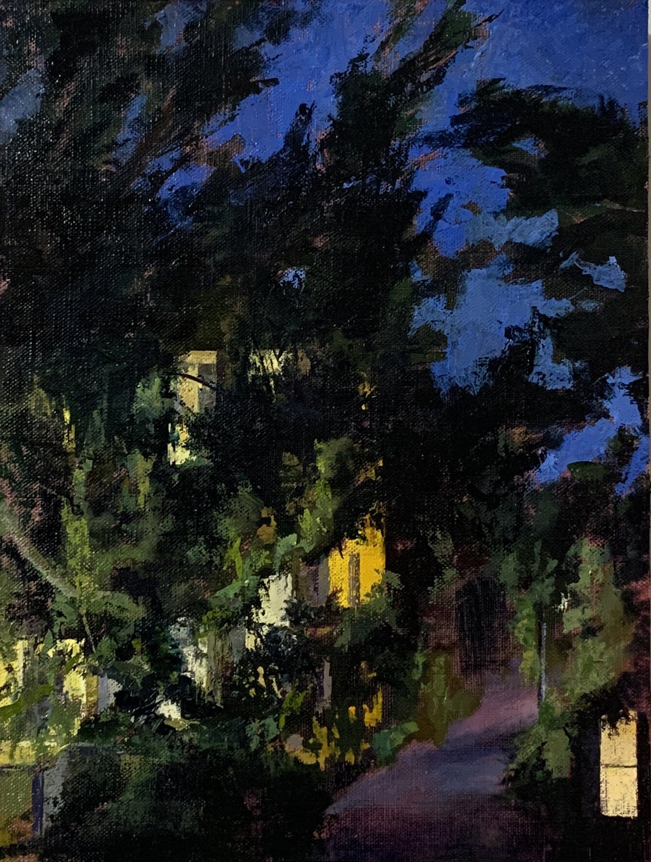 Sheltering on Park , 2020 oil on linen on panel, 12 x 9 in