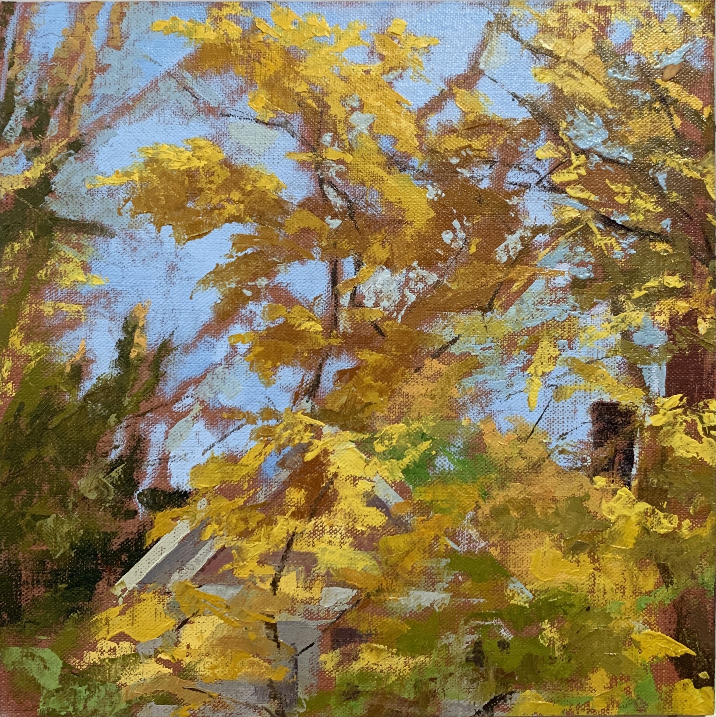   Neighbors: Frank &amp; Jackie’s, Fall,  2020 oil on linen on panel, 10 x 10 in 