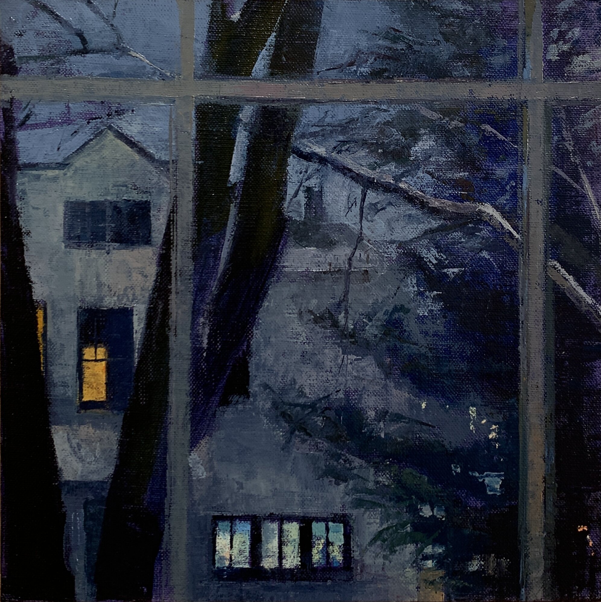 Neighbors: Back Window, Nocturne, 2021 oil on linen on panel, 10 x 10 in