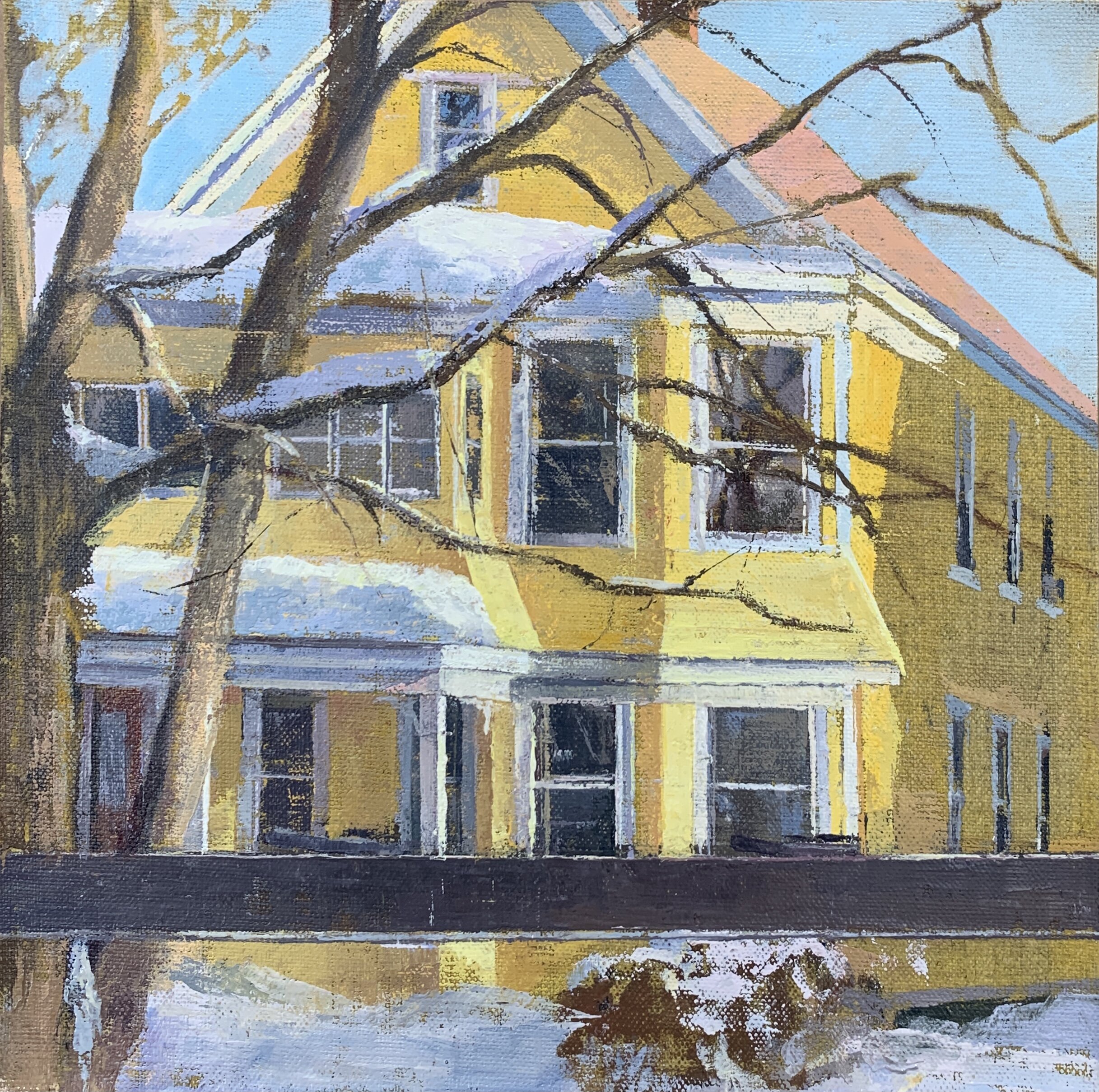   Neighbors: Frank &amp; Jackie’s, Winter Afternoon , 2021 oil on linen on panel, 10 x 10 in 