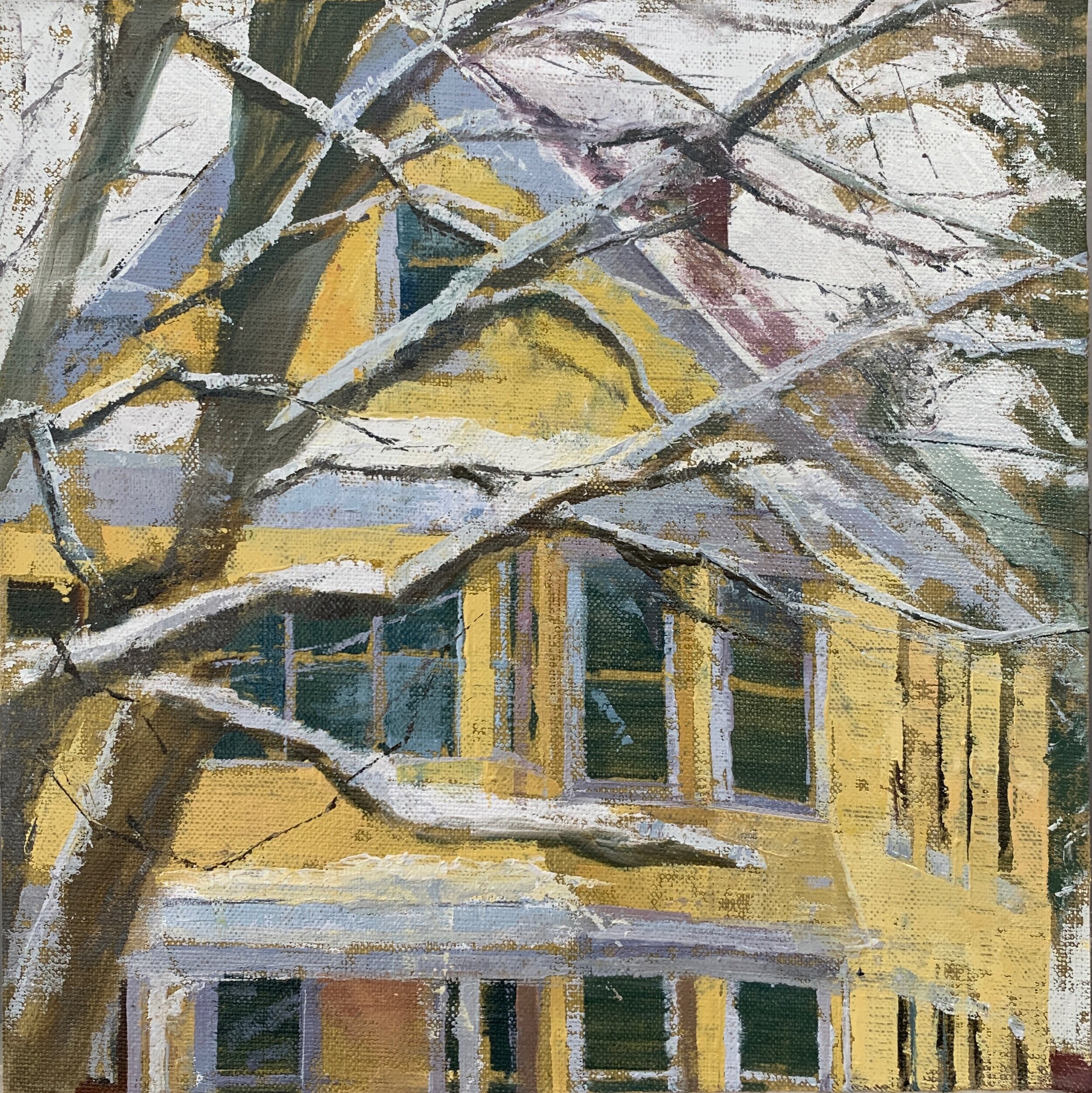   Neighbors: Frank &amp; Jackie’s, Snow Day , 2021 oil on linen on panel, 10 x 10 in 