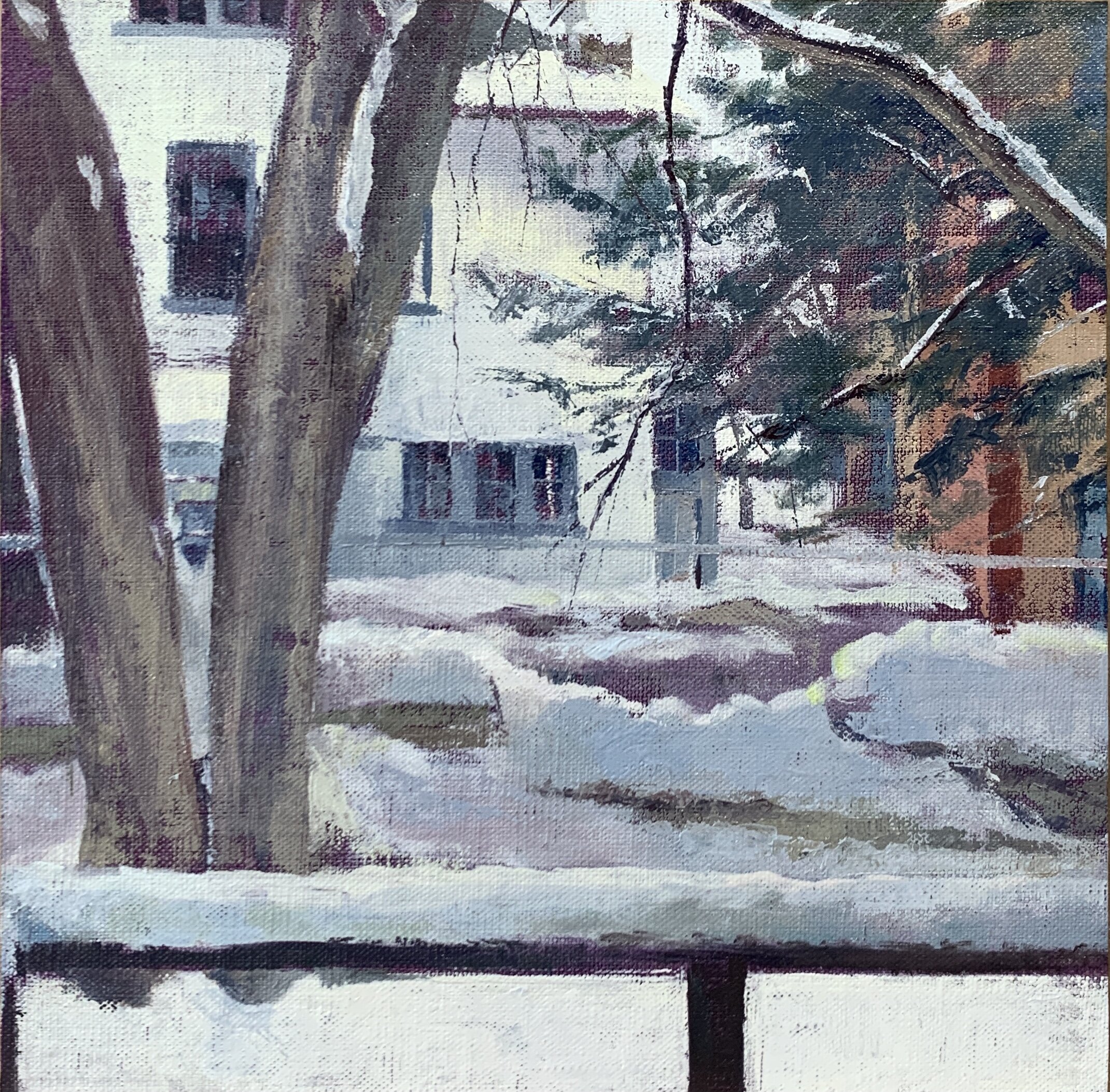 Neighbors: Back Window, Snow Day, 2021 oil on linen on panel, 10 x 10 in