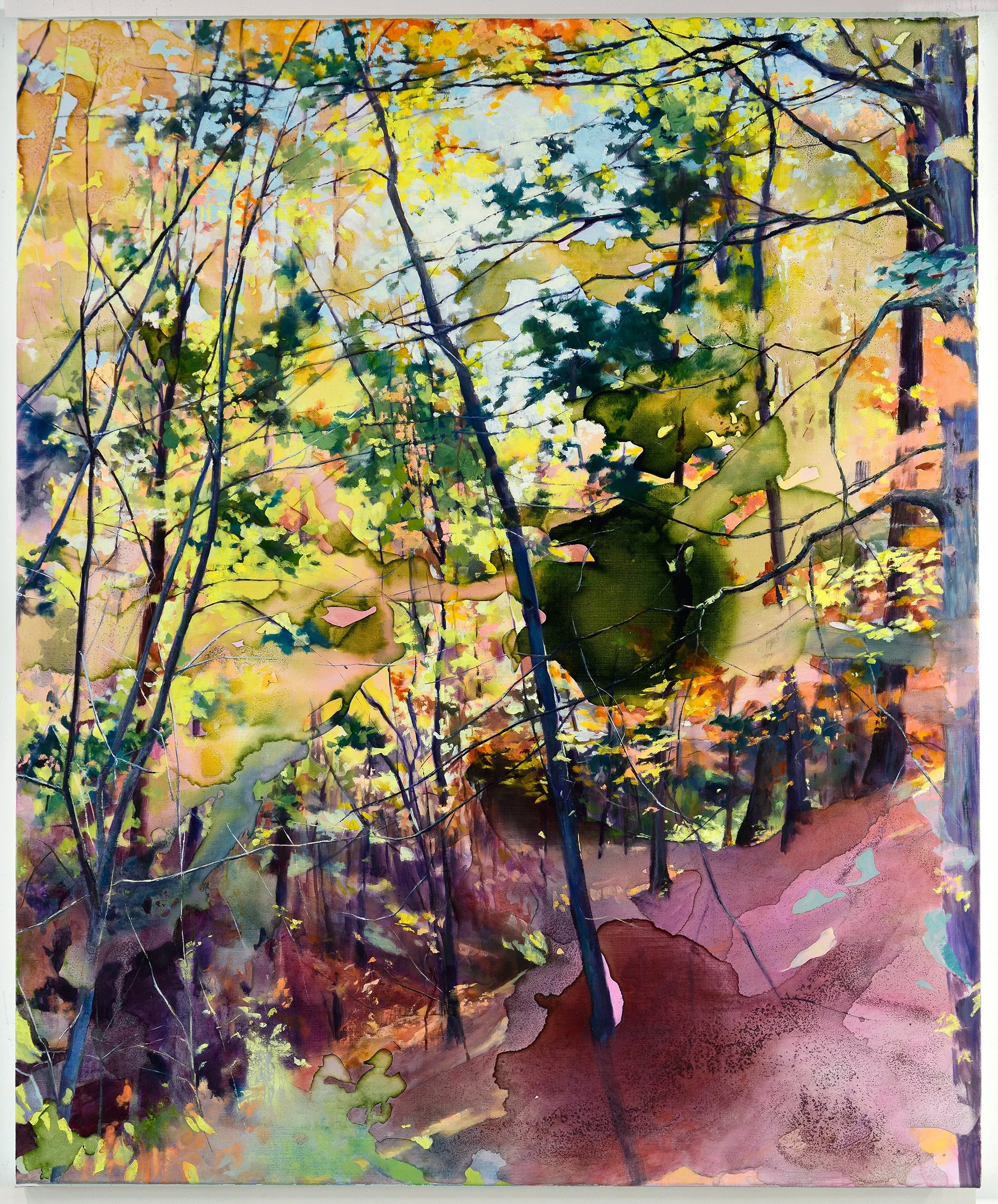   Lisha Kill Fall , 2026 Homemade buckthorn, acorn, and goldenrod inks, synthetic inks, and oil on linen 46 × 38 in 