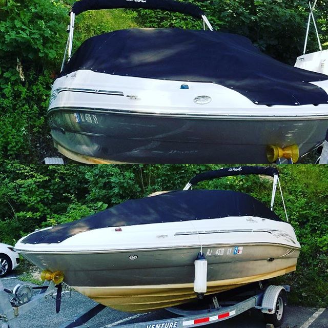 Travis getting it done, one boat at a time. #boatcover #sunbrella #customboatcover #lakehopatcong #travis #searay #battenthehatchesnj