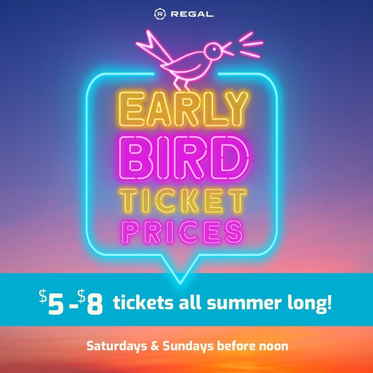 Starting this weekend moviegoers can catch Early Bird ticket pricing for movies before&nbsp;noon&nbsp;on Saturdays and Sundays at @regalmovies throughout the summer 🏖.&nbsp;Starting&nbsp;as early as&nbsp;10am, tickets will be available for&nbsp;just