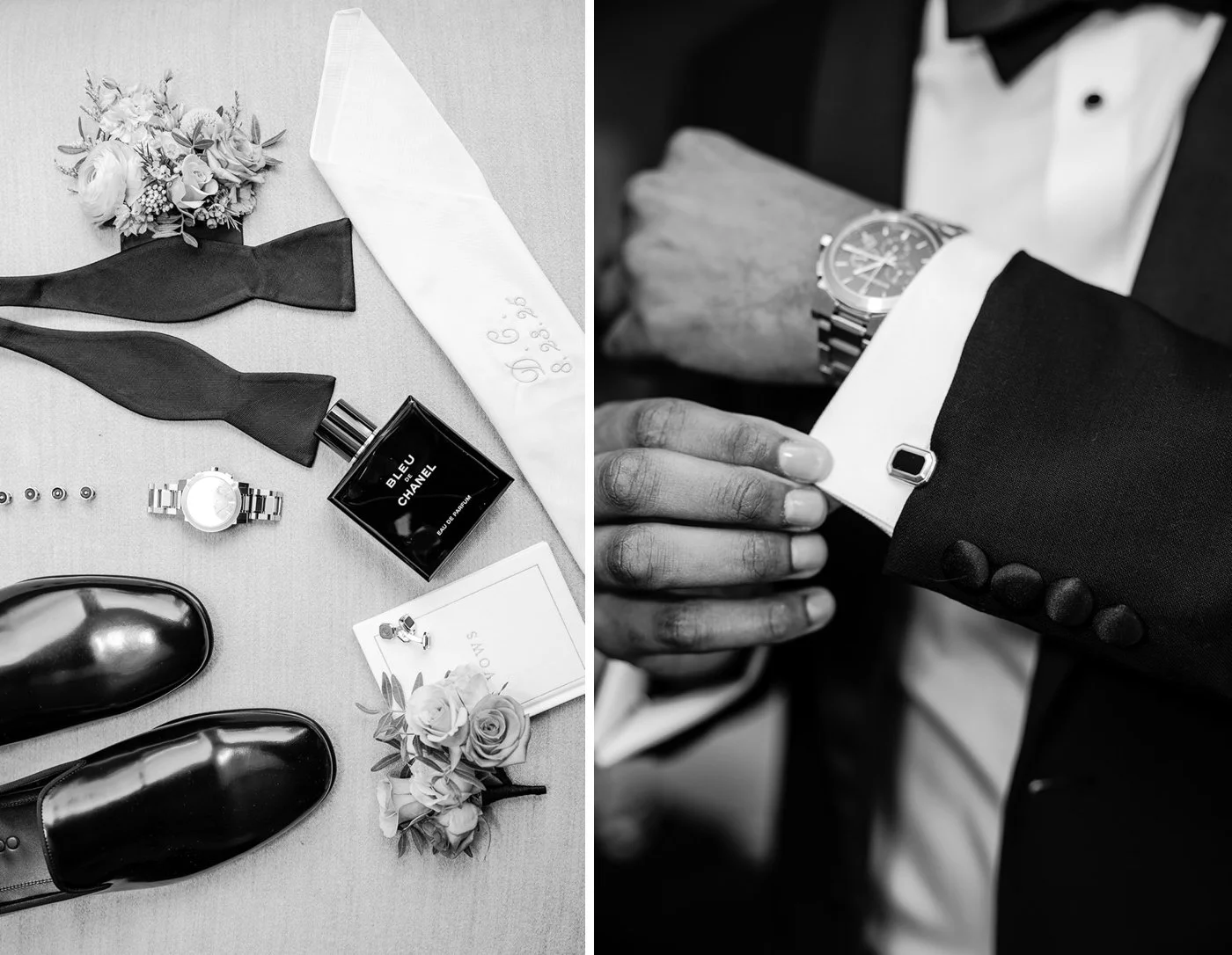 Groom's details flatlay with black leather loafers and Bleu de Chanel