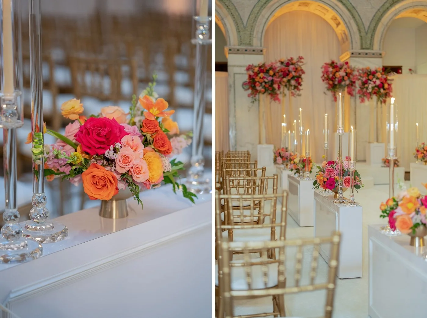 Orange and pink floral arrangement in a gold vase by Yanni Design Studio