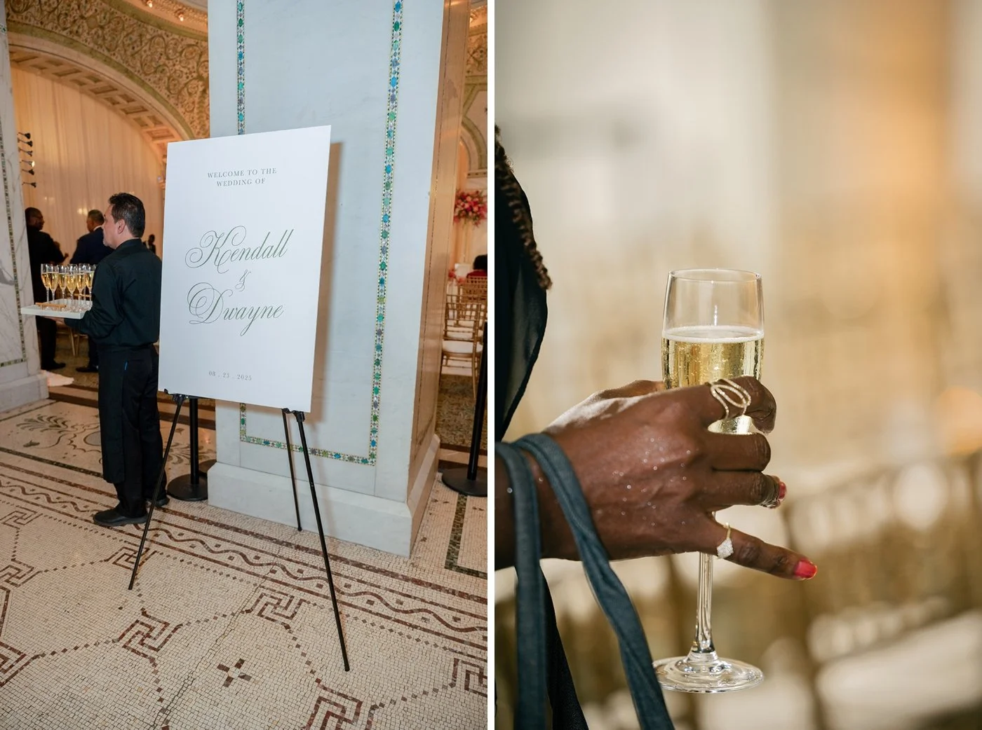 Wedding guest holding a glass of champagne