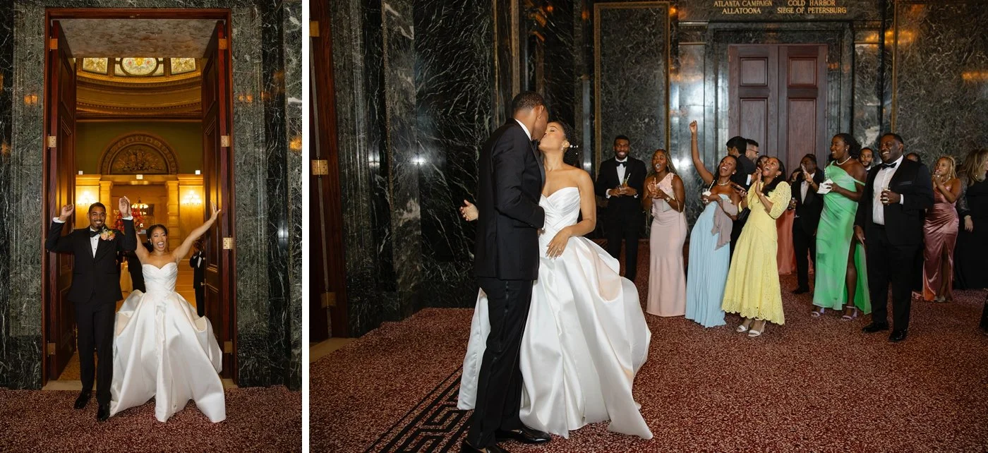 Bride and groom entering cocktail hour at their Chicago wedding