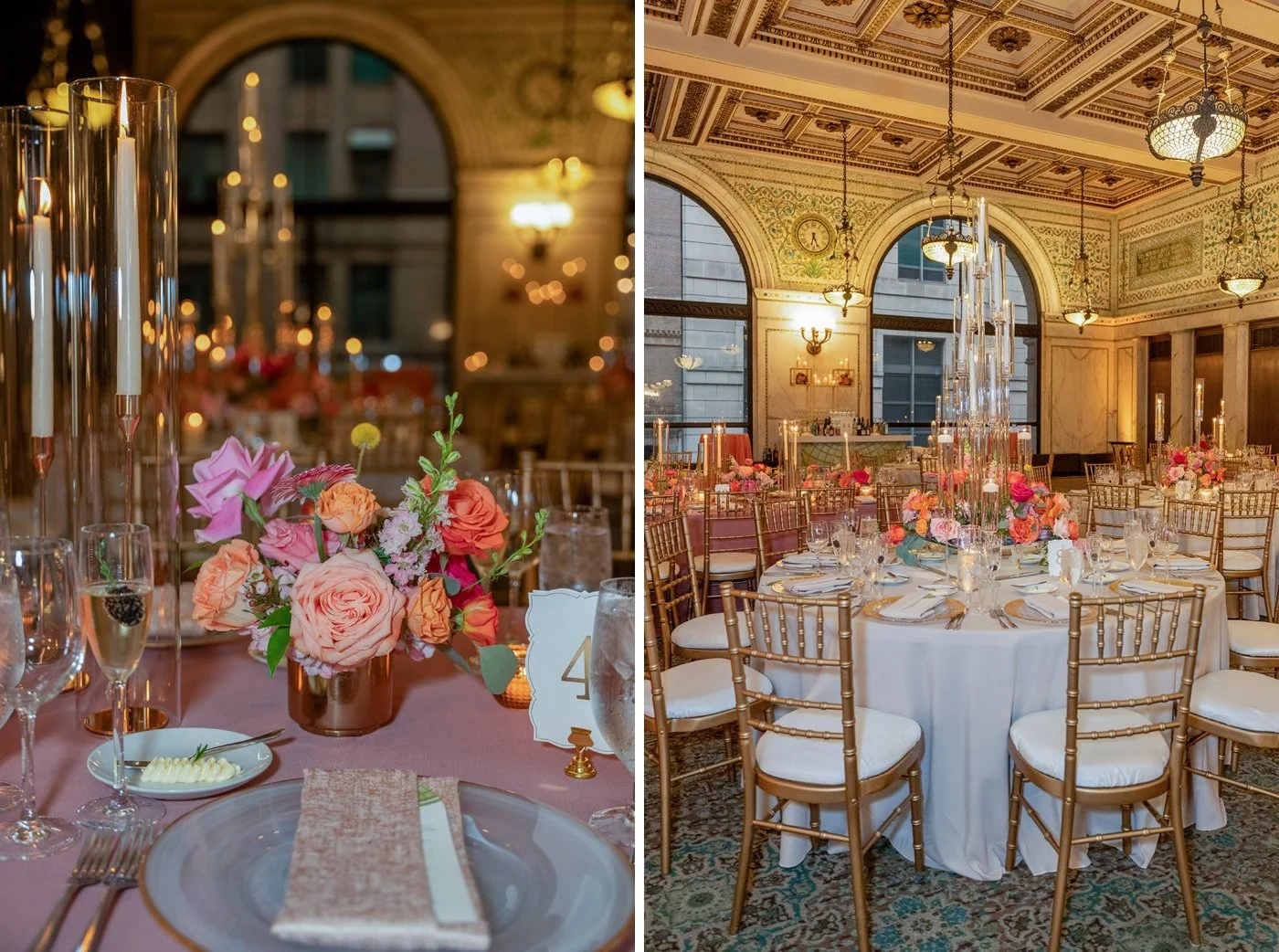 Orange and pink flowers in a centerpiece arrangement at a Chicago wedding