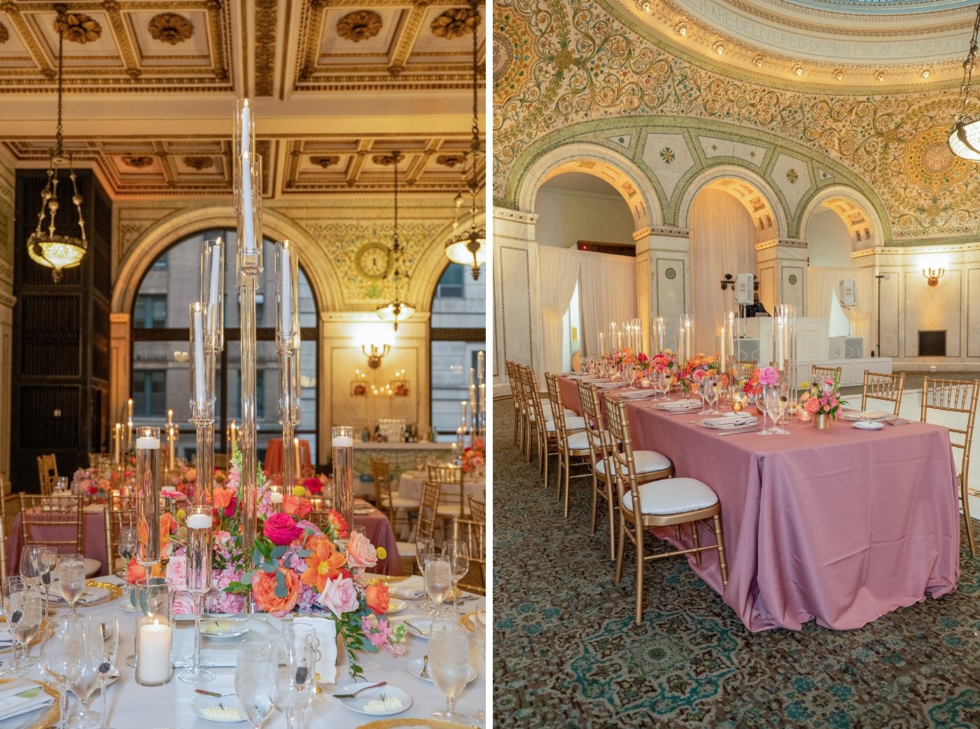 Gold Chiavari chairs around a table with pink linens